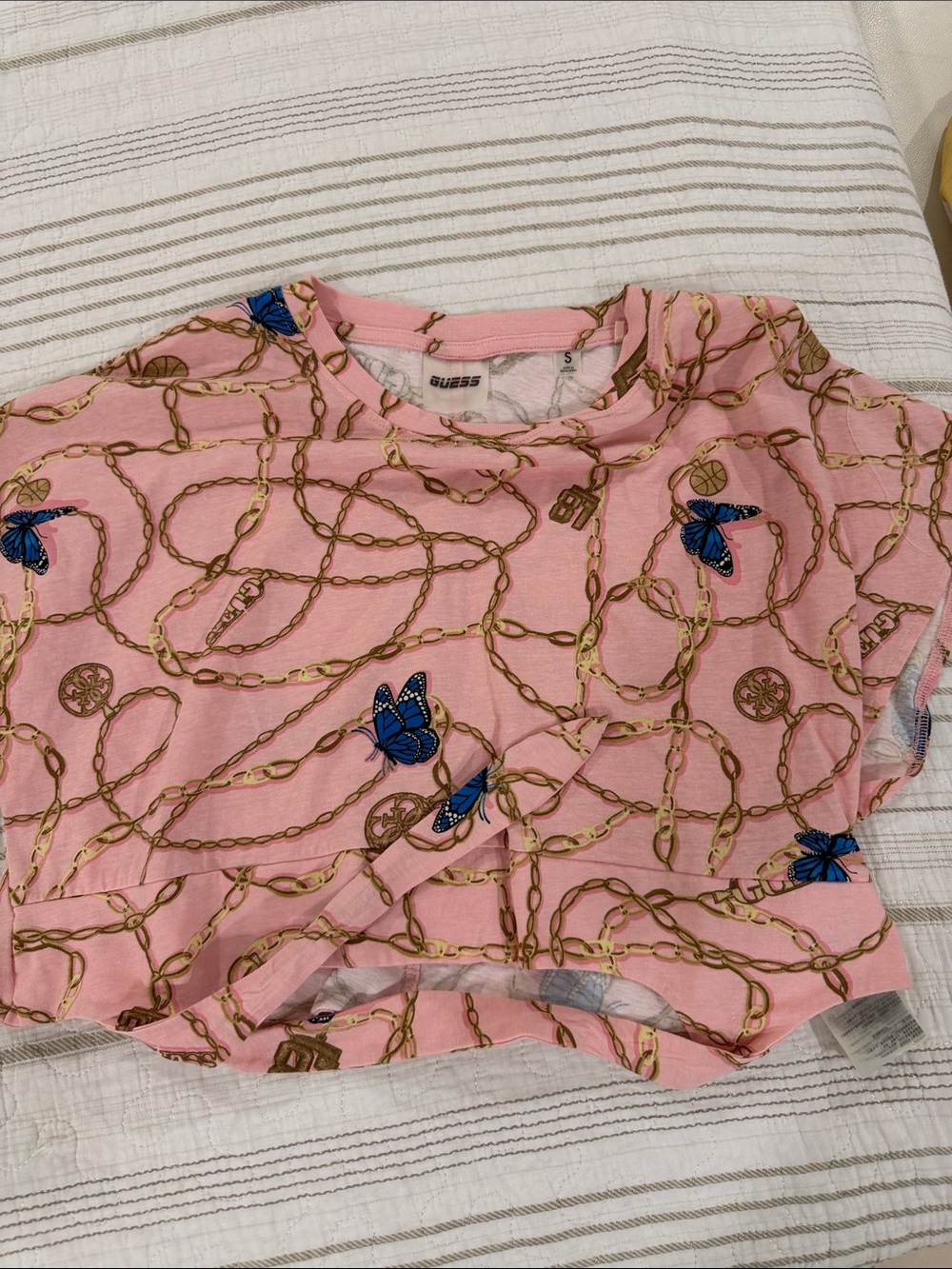 Guess Pink Chain & Blue Butterfly Crop Tee